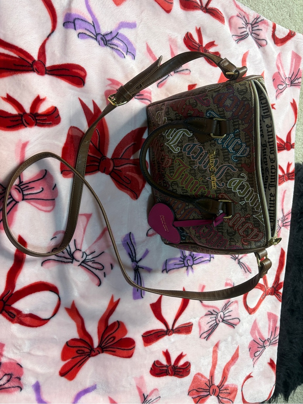 Juicy Couture Brown Monogram Satchel with Pink Heart Charm
